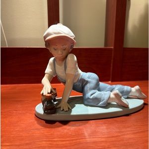 Lladro Boy with Toy Car Sculpture - Blue and White